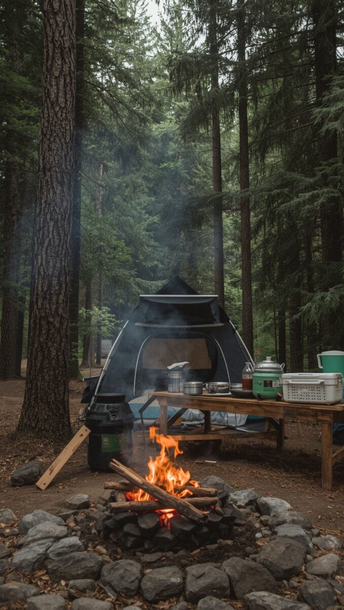 Campfire with flames surrounded by rocks, dark tent, and camping gear on wooden table in pine forest