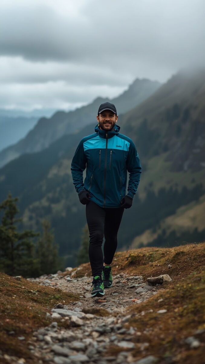 Male trail runner in blue jacket and black tights jogging on rocky mountain path with misty peaks behind