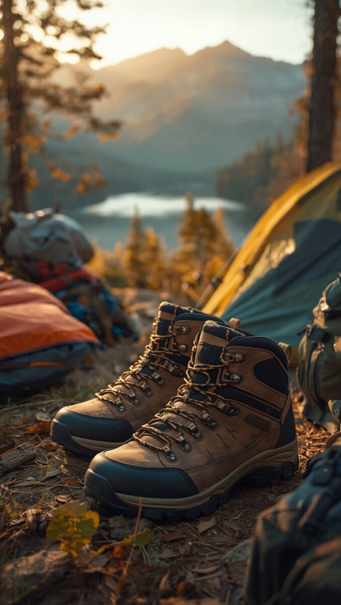 Brown and navy hiking boots at a campsite with a yellow tent, sleeping bag, mountain lake, and autumn forest at golden hour