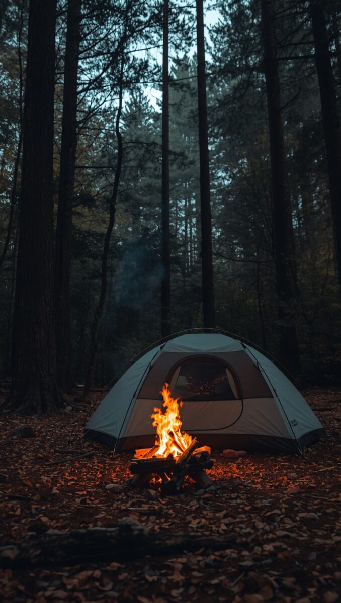 Dome tent beside a glowing campfire in a dark forest with tall trees at dusk