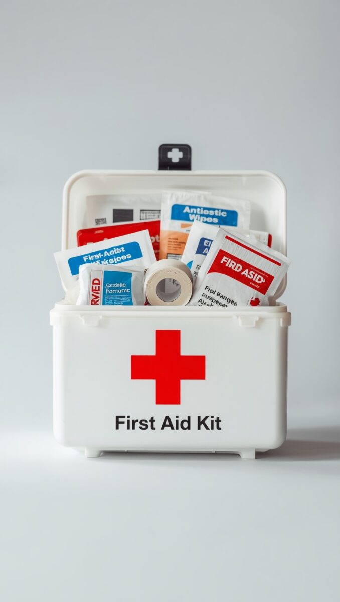 Open white first aid kit box with red cross containing bandages, antiseptic wipes, and medical supplies