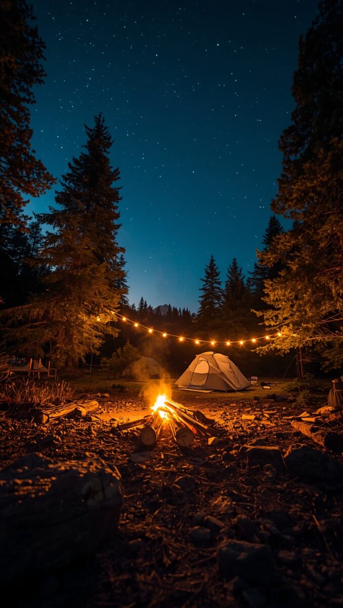Cozy campsite at night with glowing campfire, white dome tent, string lights, and starry sky among pine trees