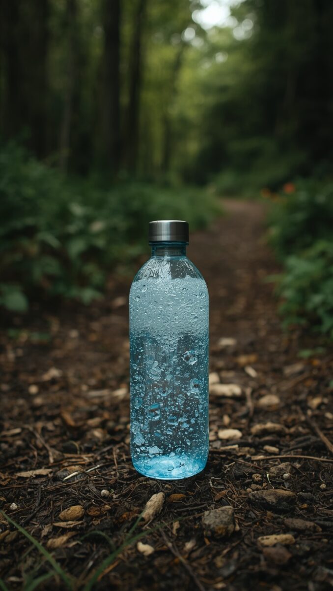 Condensation-covered blue water bottle sitting on a forest trail path surrounded by rocks and greenery