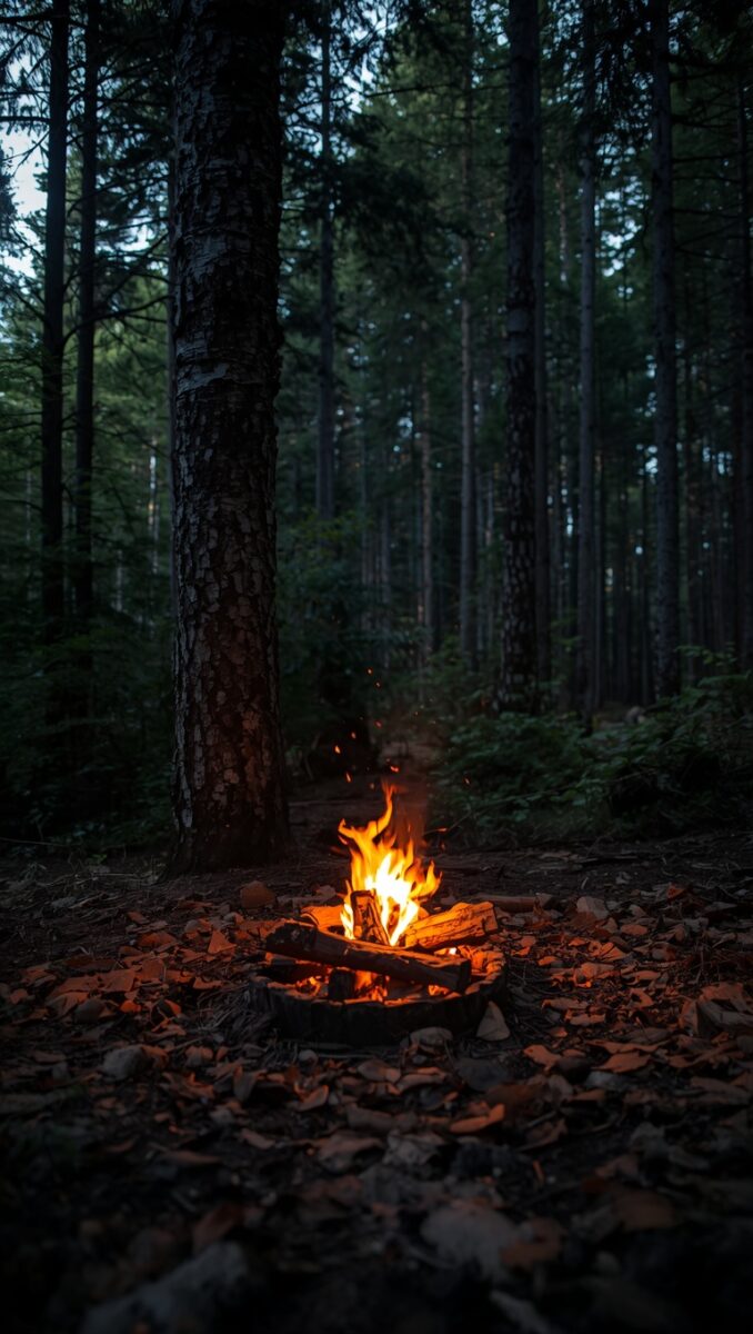 Small campfire burning with orange flames among logs and rocks on a dark forest floor surrounded by tall pine trees
