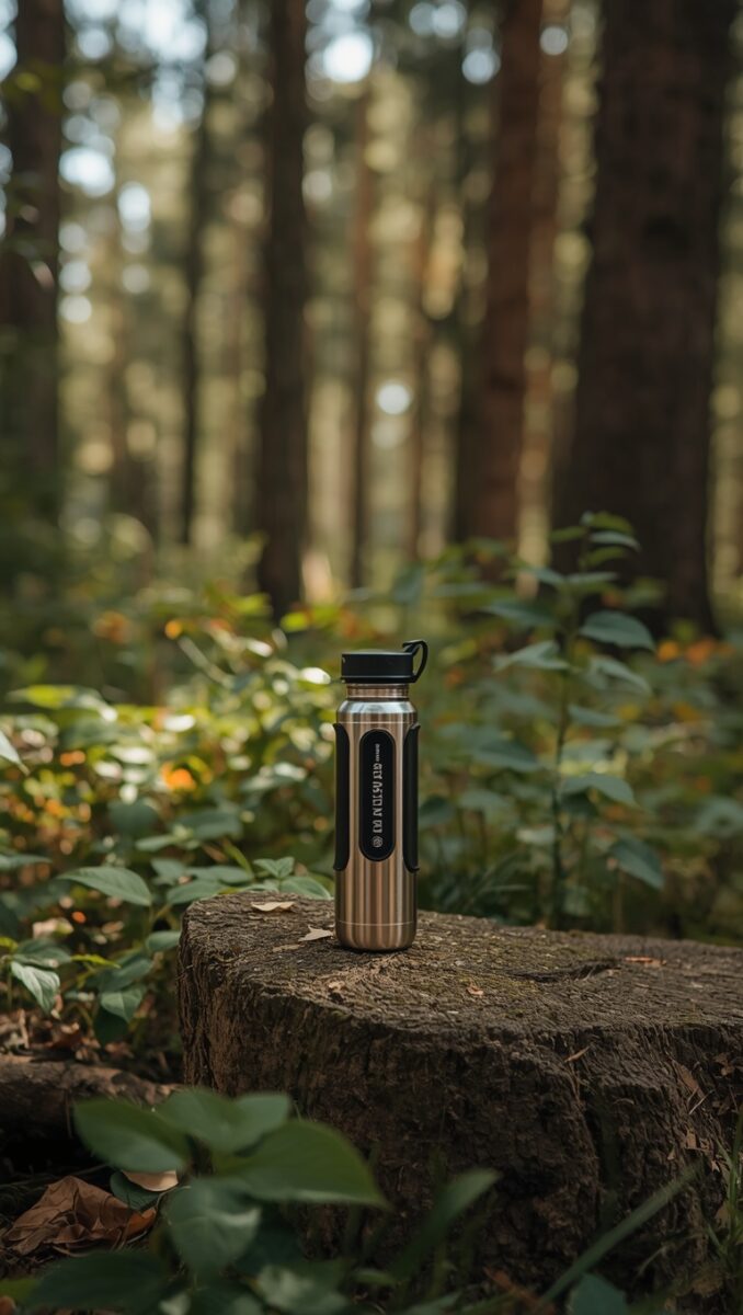 Stainless steel insulated water bottle with black lid sitting on a mossy rock in a lush forest