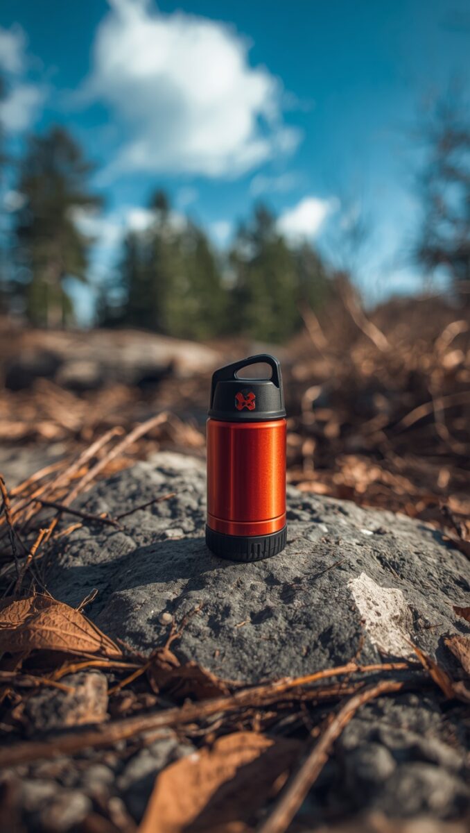 Orange insulated stainless steel water bottle with black lid sitting on a rock in a forest wilderness setting