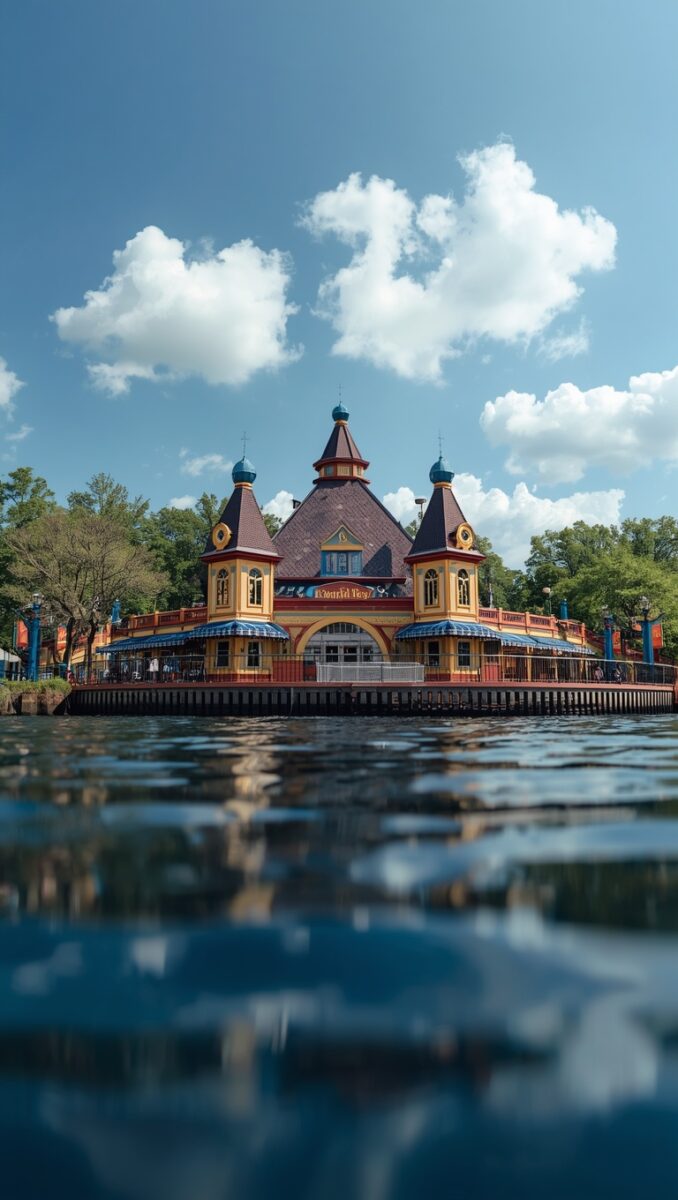Colorful theme park pavilion with ornate spires and domes reflected in water, photographed from water level