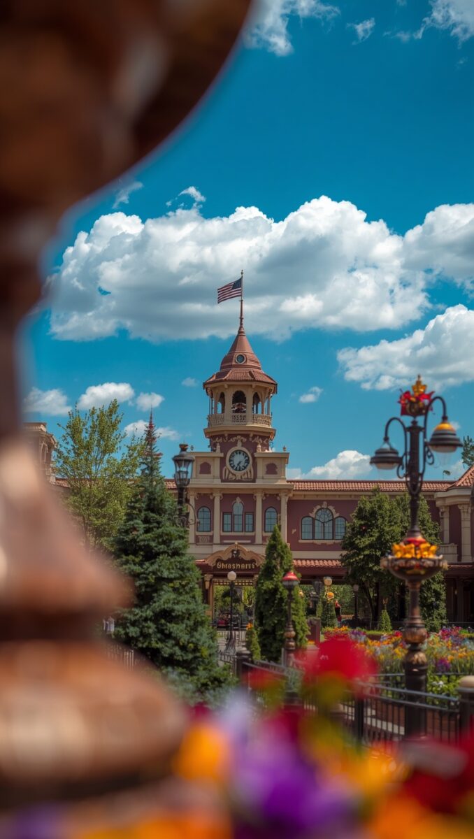 Victorian clock tower with American flag at theme park entrance surrounded by colorful flowers and evergreen trees