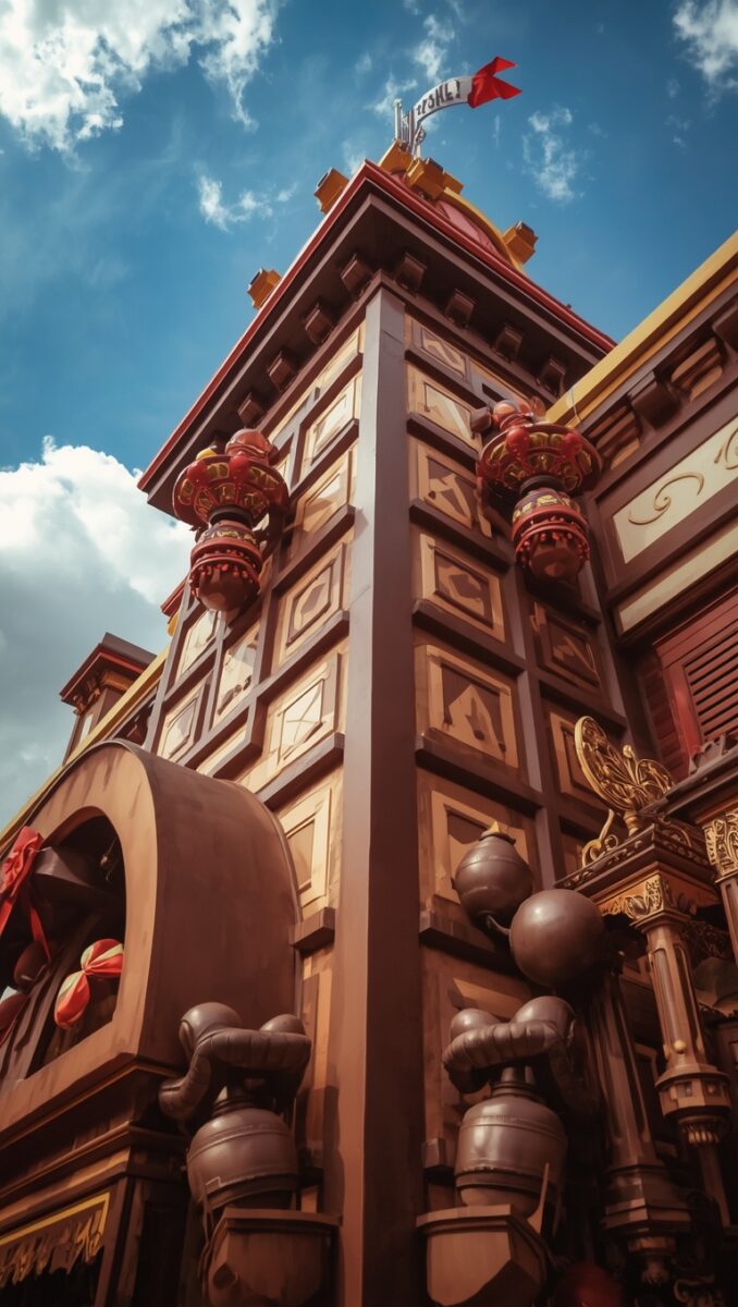 Low-angle view of ornate themed building facade with red and gold decorations, decorative lamp posts, and red flag against blue sky