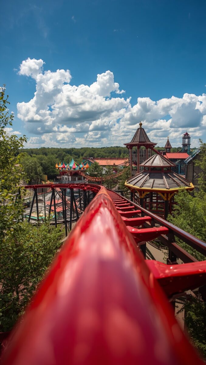 Red roller coaster track at an amusement park with colorful attractions and pavilion buildings surrounded by trees
