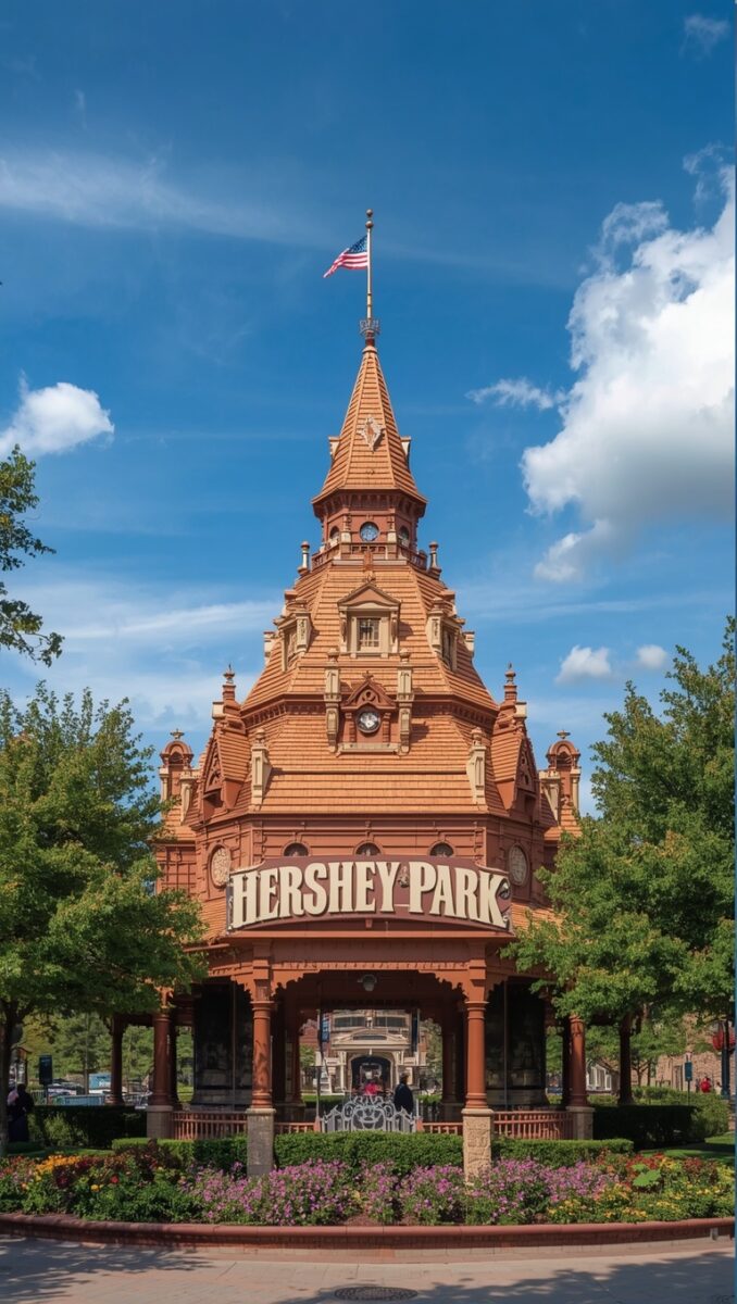 Hersheypark entrance Victorian-style brick pavilion with ornate spire, American flag, and colorful flower gardens