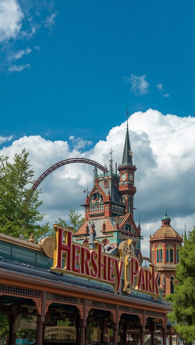 Hersheypark entrance sign with Victorian clock tower and roller coaster arc under blue sky in Hershey Pennsylvania