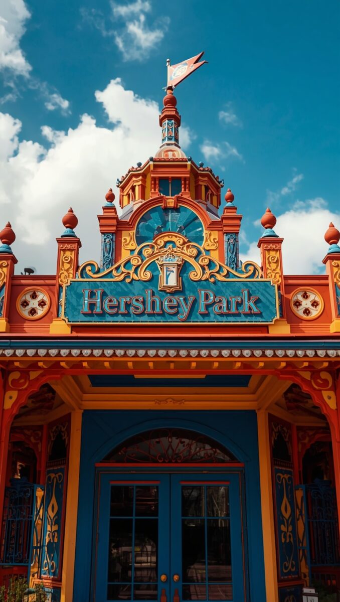 Colorful ornate entrance facade of Hersheypark amusement park with red, orange, and blue decorative architecture