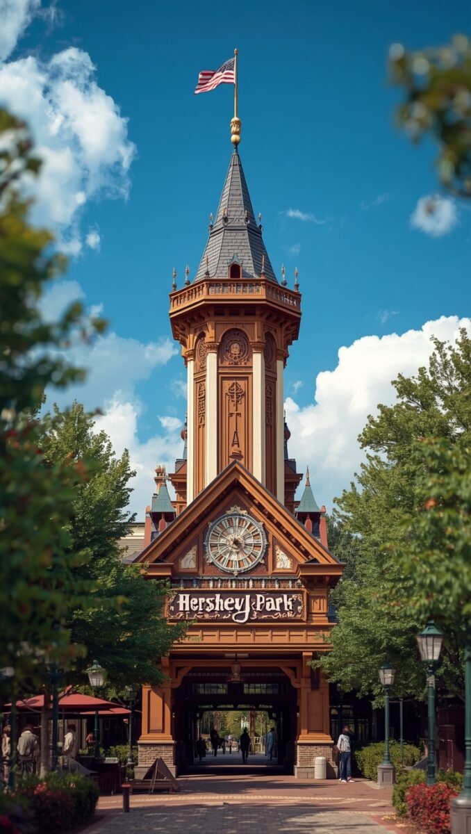 Hersheypark entrance gate with ornate Victorian clock tower and American flag in Hershey, Pennsylvania
