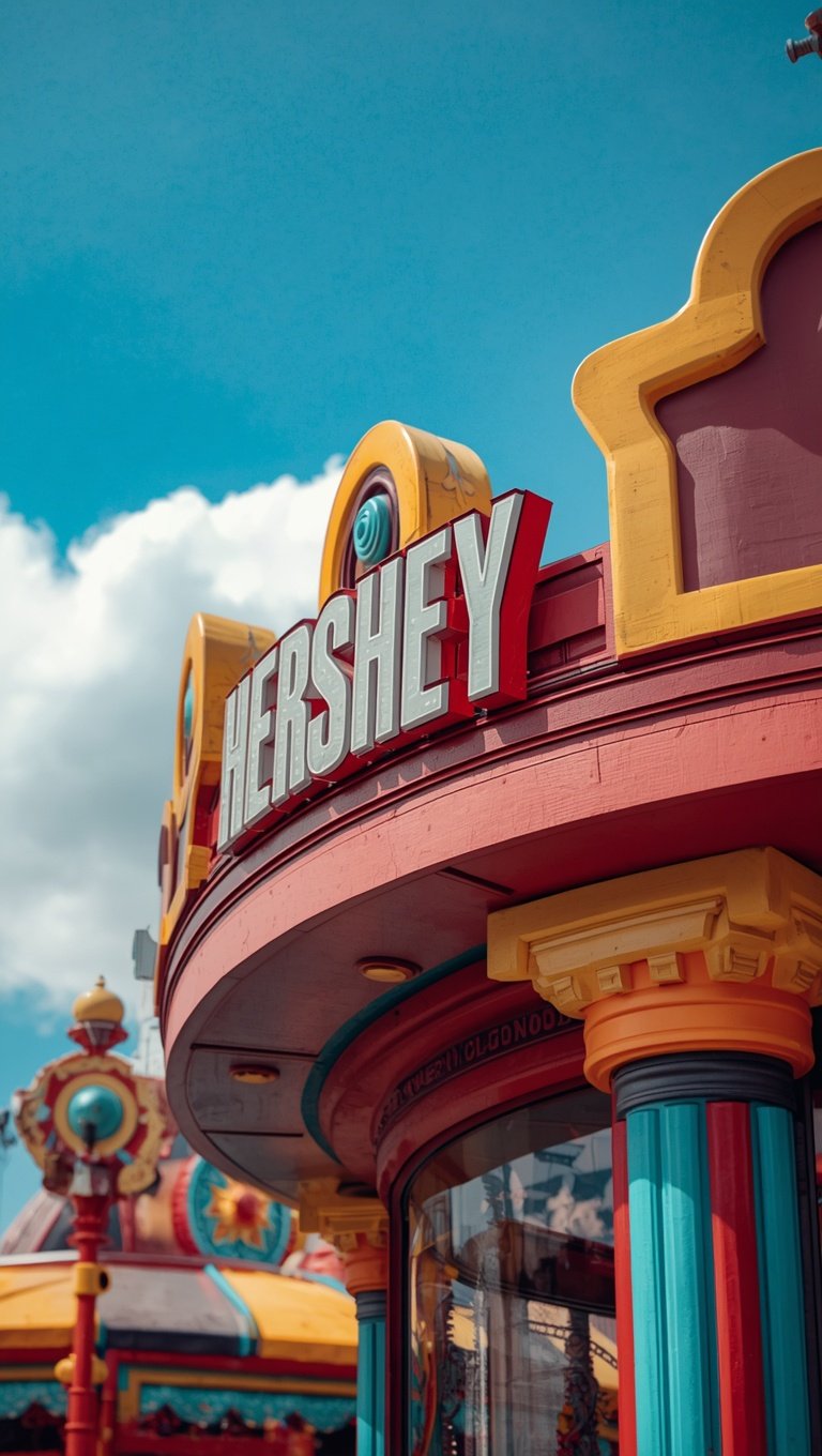 Colorful Hershey's store facade with bold red and white signage, yellow trim, and teal columns against a blue sky