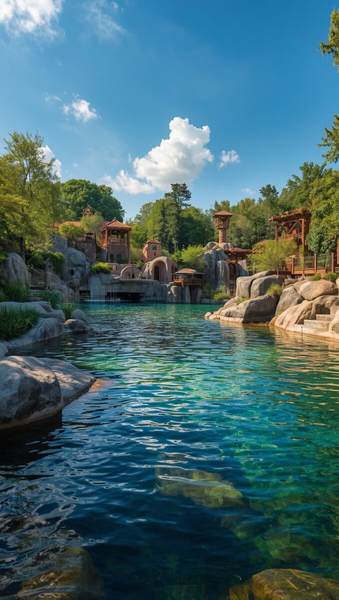 Crystal clear turquoise lagoon surrounded by large boulders and rustic wooden tower structures amid lush green trees