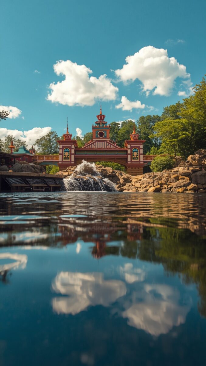Ornate Asian-inspired theme park gateway arch with pagoda towers reflected in calm water, surrounded by rocky landscape and green trees