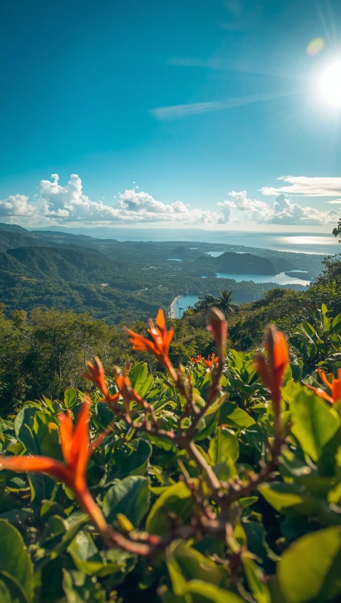 Panoramic tropical coastal view from hilltop with orange flowers, lush green vegetation, bay, and bright blue sky