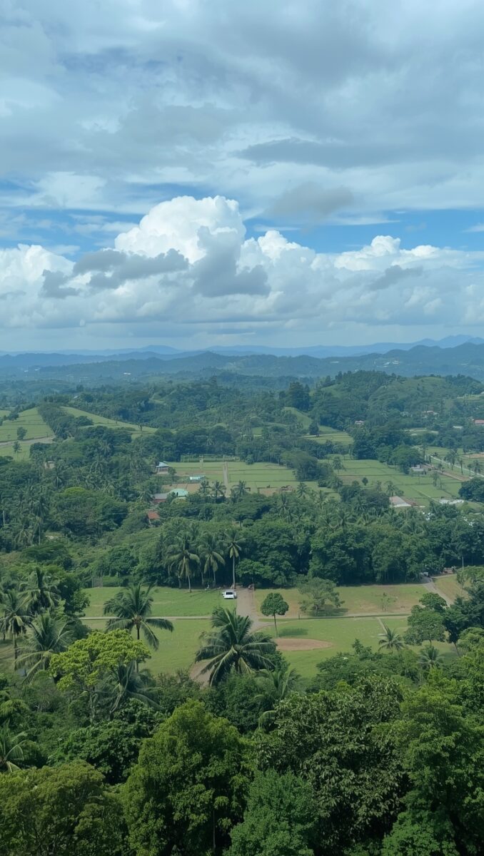 Aerial view of lush tropical valley with palm trees, rice fields, rolling green hills, and dramatic cloudy sky