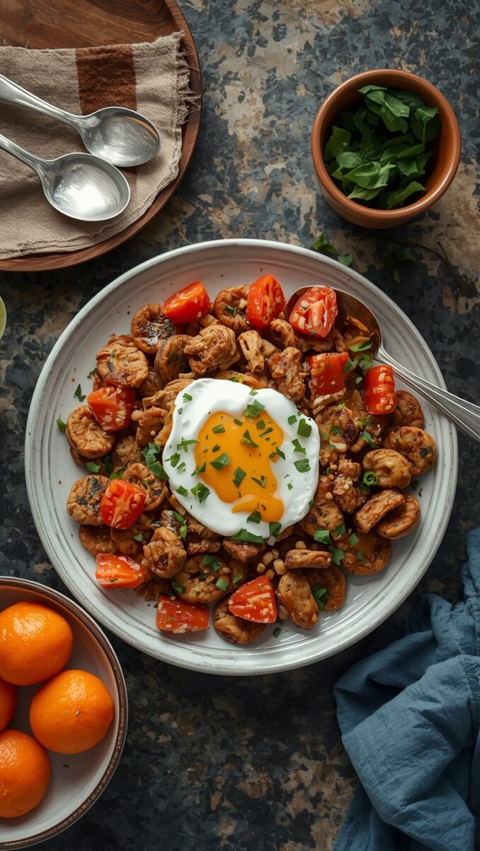 Overhead view of sautéed mushrooms and cherry tomatoes topped with a poached egg and fresh herbs on a white plate