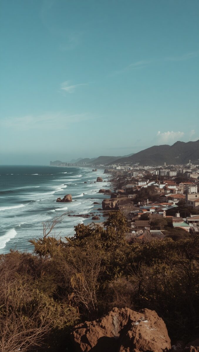 Aerial coastal view of a seaside town with crashing waves, rocky shoreline, buildings, and mountains in the background