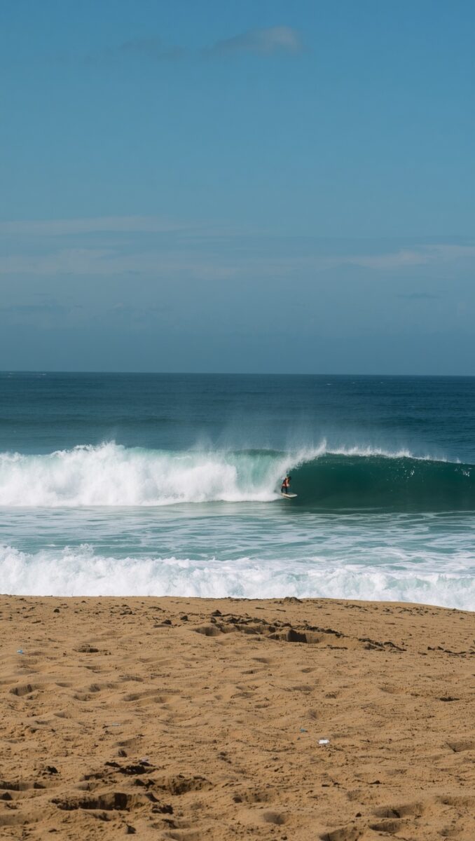 Surfer riding inside a large barrel wave at a sandy beach under a clear blue sky