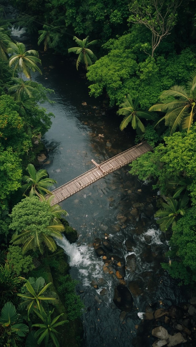 Aerial view of a wooden footbridge crossing a rocky jungle river surrounded by lush tropical trees
