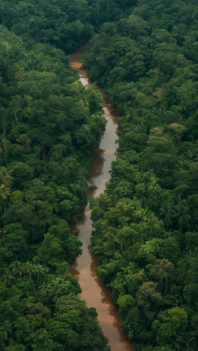 Aerial view of a winding brown river cutting through dense tropical rainforest canopy