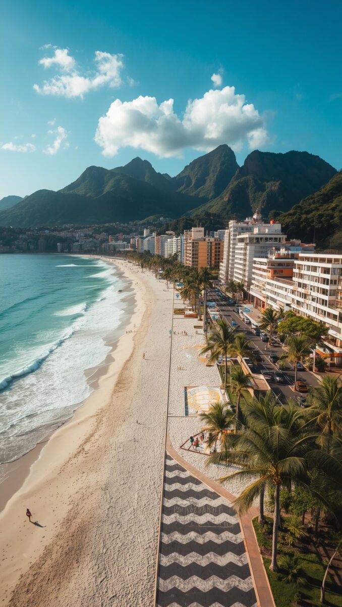 Aerial view of Ipanema Beach in Rio de Janeiro with iconic wave mosaic promenade, palm trees, turquoise ocean, and green mountains