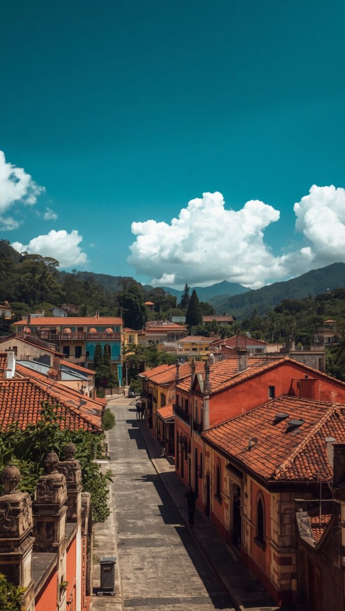 Aerial view of a colonial Latin American town with terracotta rooftops, colorful buildings, cobblestone street, and green mountains
