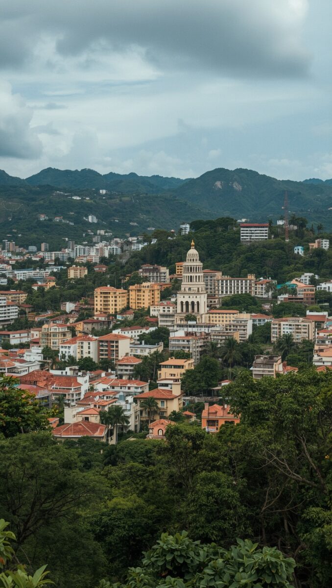 Panoramic cityscape with terracotta-roofed buildings, domed capitol structure, and lush green tropical mountains in background