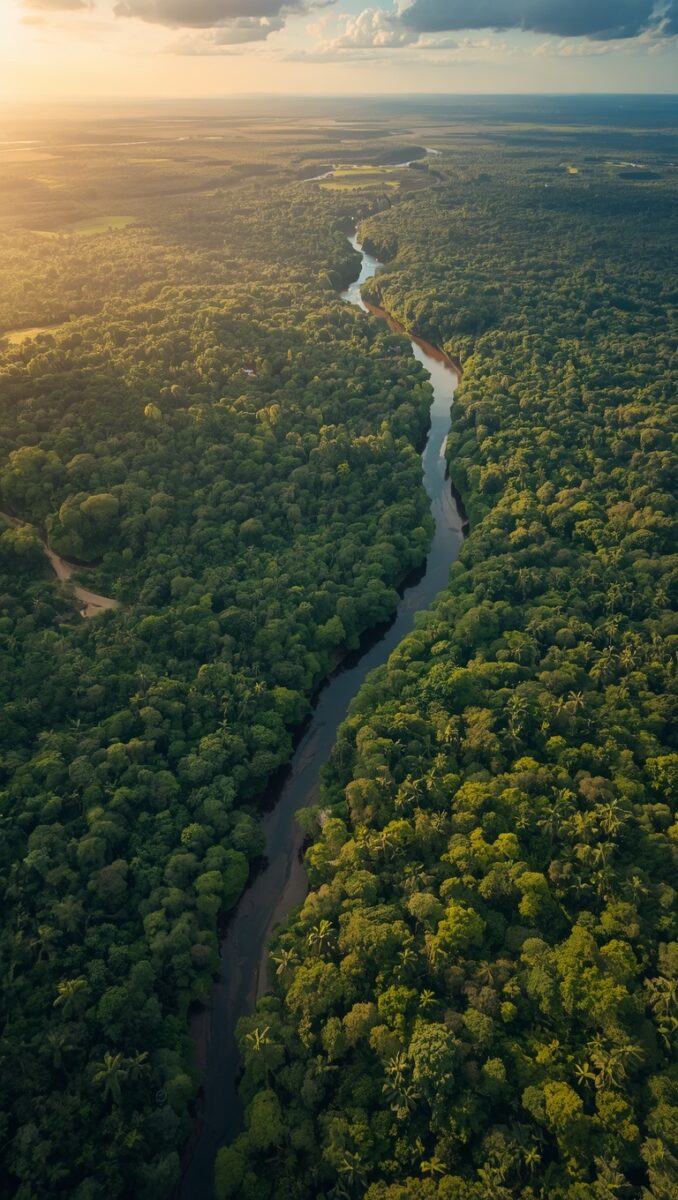 Aerial view of a winding river cutting through dense tropical rainforest canopy at golden hour sunset