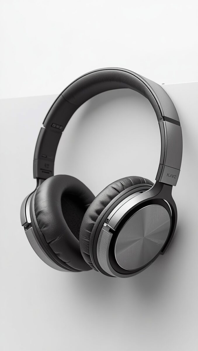 Premium over-ear headphones in gunmetal gray with leather ear cushions mounted on a white shelf