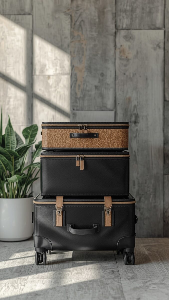 Three stacked black and tan luggage suitcases with wheels on wooden floor against gray wood wall