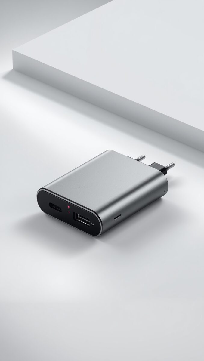 Silver aluminum EU wall charger with USB-C and USB-A ports on white surface
