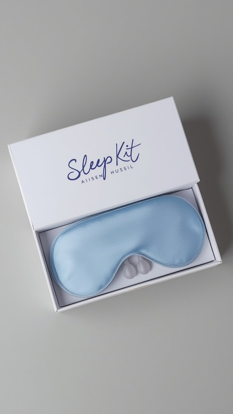 White gift box labeled Sleep Kit by Aiisen Hussil containing a light blue satin sleep eye mask and ear plugs