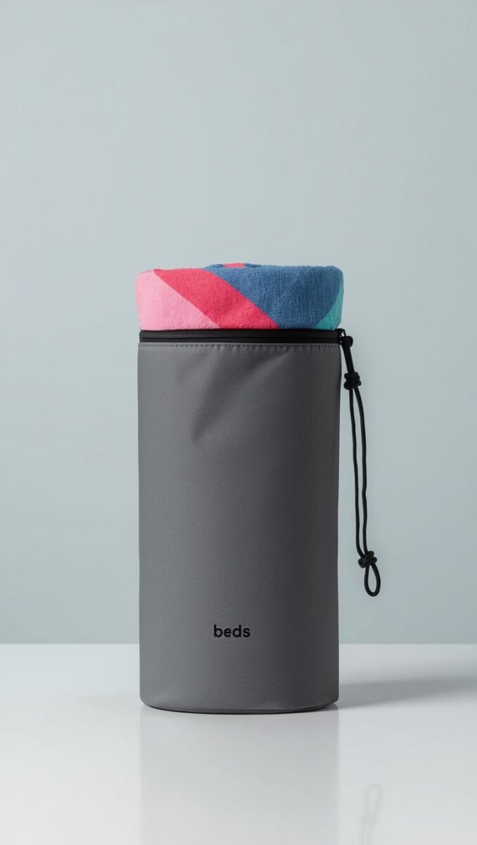 Gray cylindrical 'beds' branded carry case with colorful striped towel in pink, red, blue, and teal partially unrolled from top