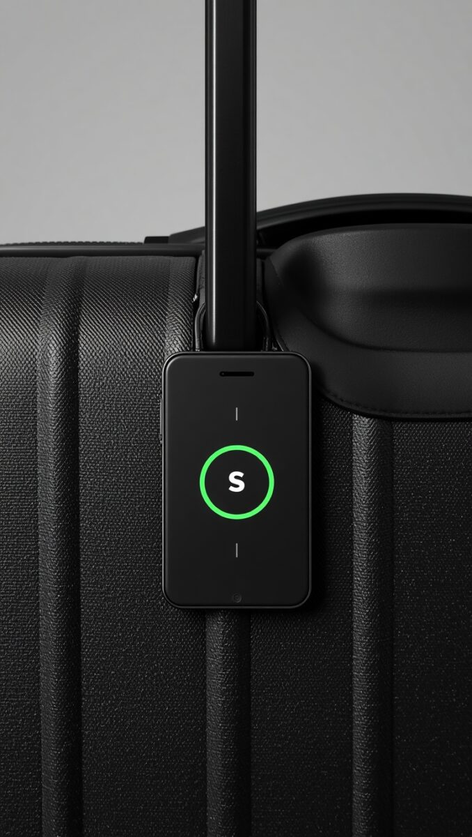 Black smart electronic luggage tag with green LED circle displaying letter S attached to black suitcase handle