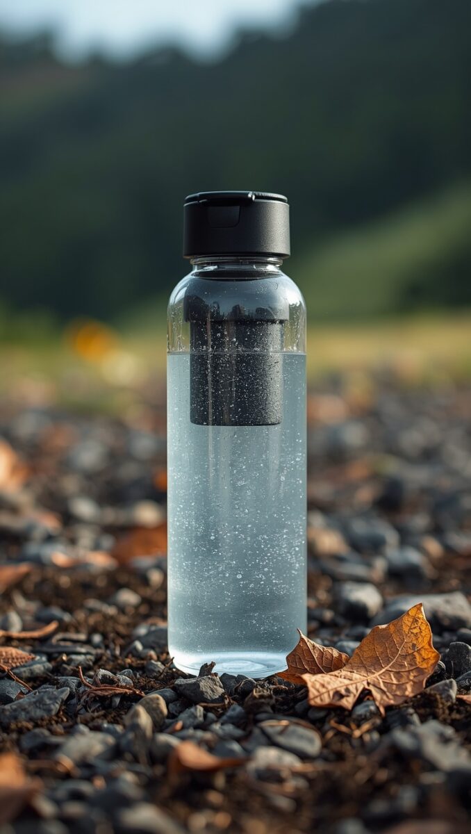 Clear water bottle with black filter cap filled with water, placed on rocky gravel with a dried autumn leaf nearby