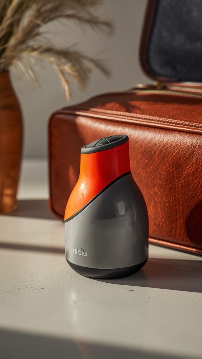 Orange and gray compact electronic device with black top buttons sitting on white surface beside brown leather bag