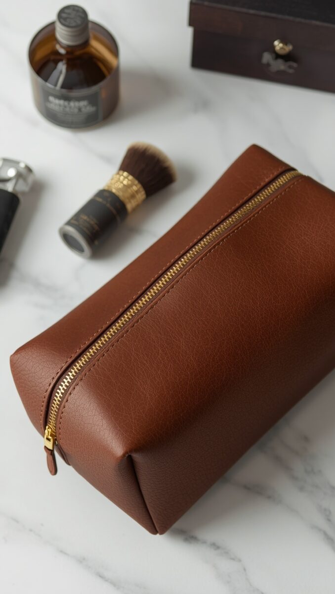 Brown leather dopp kit toiletry bag with gold zipper on marble surface with shaving brush and grooming products