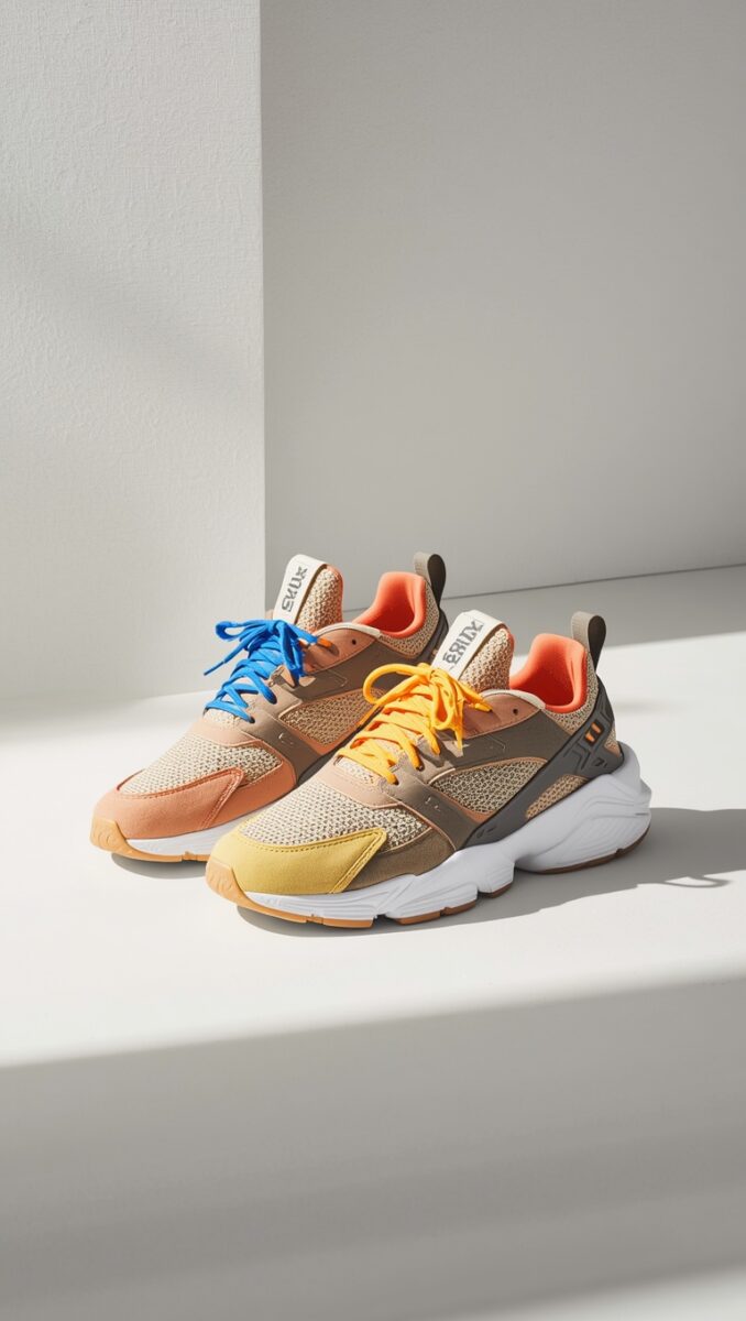 Two multicolor sneakers with blue and yellow laces featuring orange, tan, and taupe accents on white surface