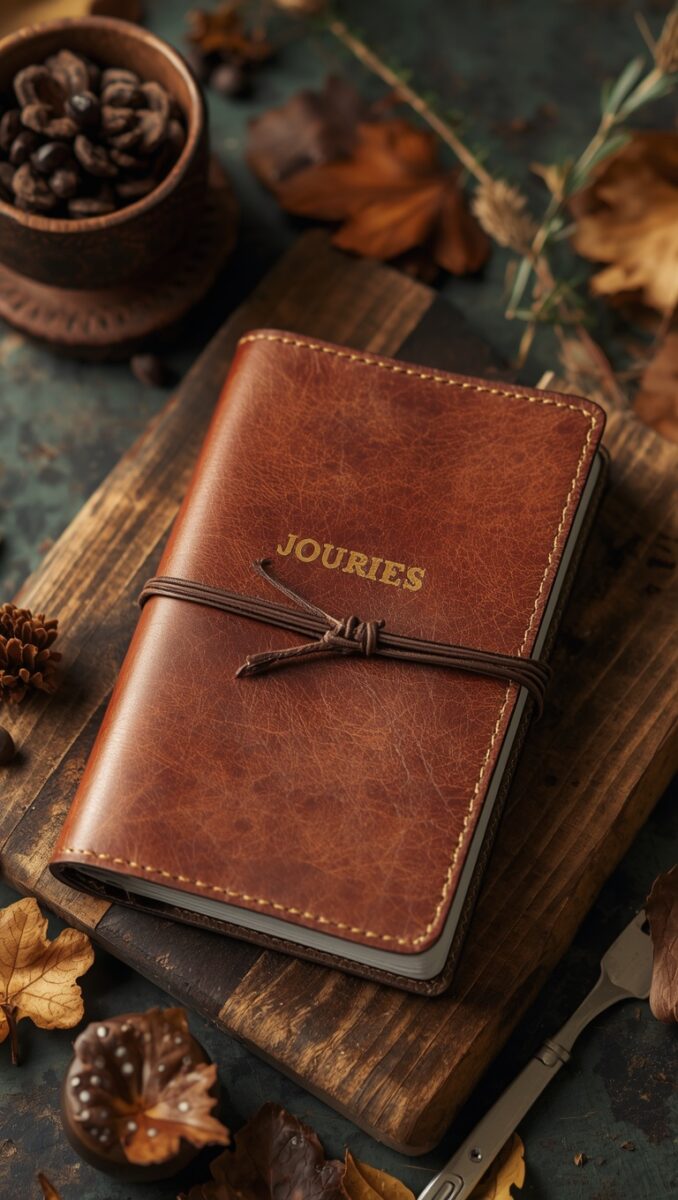 Brown leather journal with gold 'JOURIES' embossing tied with cord on wooden board surrounded by autumn leaves and pine cones