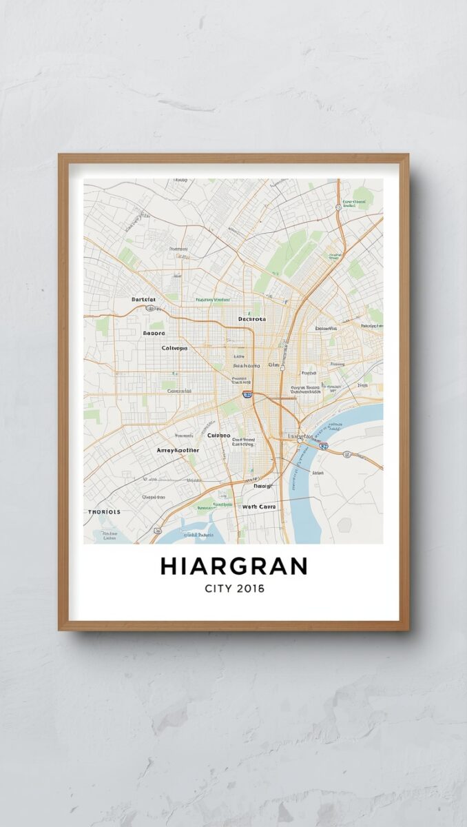 Framed city map poster of Hiargran City 2016 with street layout, neighborhoods, and waterway in wooden frame