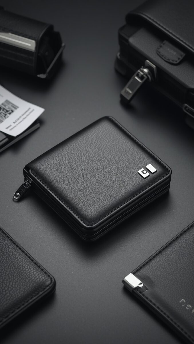 Black pebbled leather zip-around wallet with silver logo charm surrounded by black leather accessories on dark surface