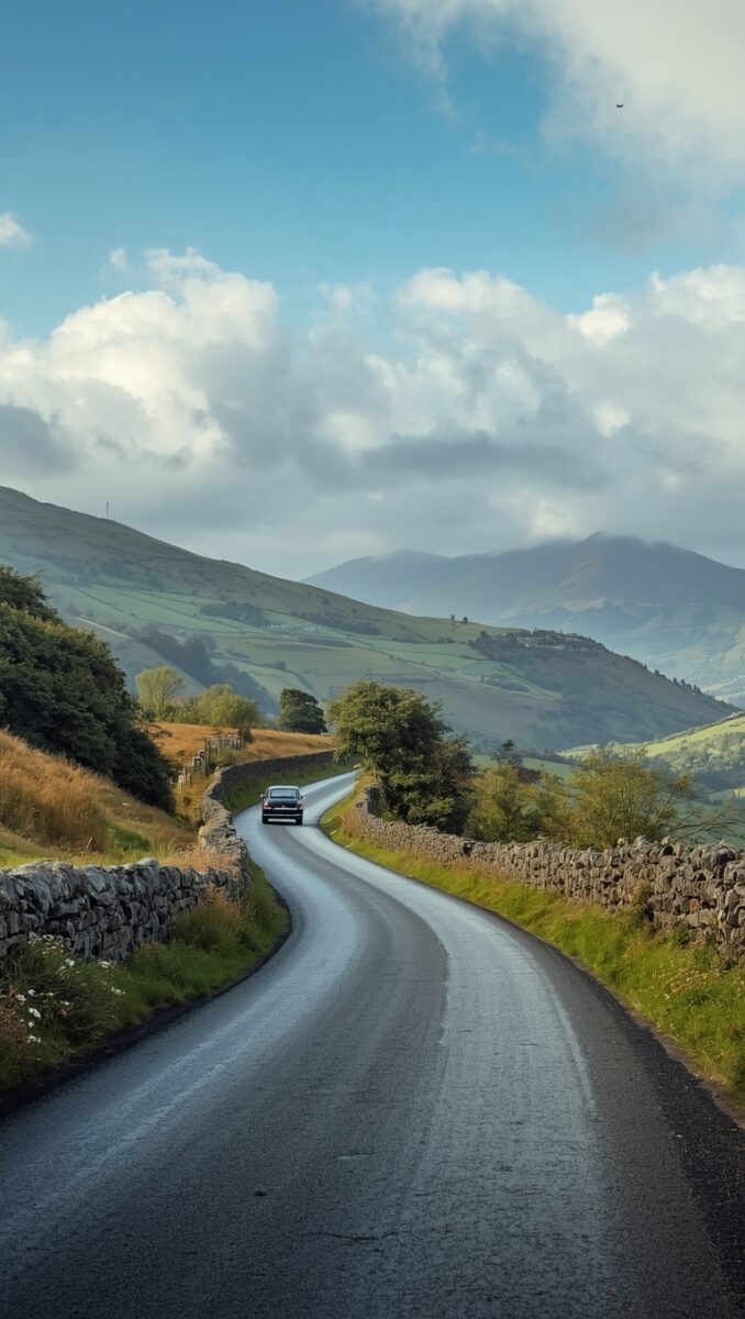 Narrow winding country road flanked by dry stone walls leading through green hills and mountains under a blue sky