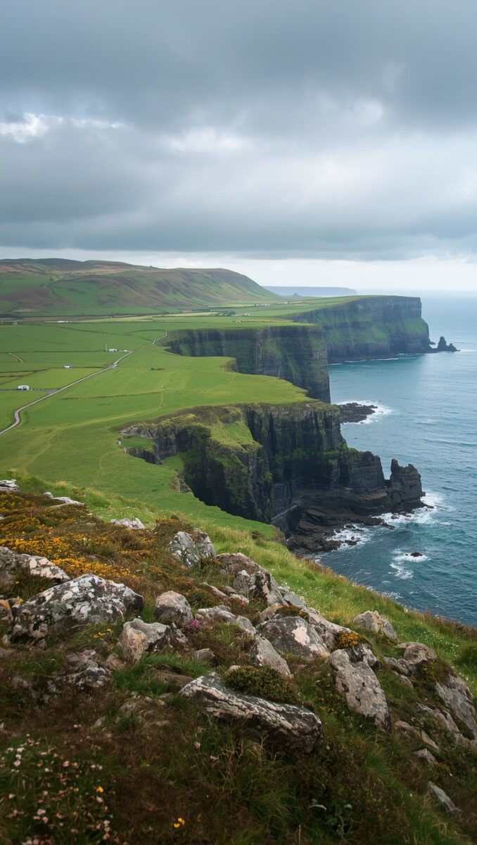 Dramatic sea cliffs with lush green Irish farmland stretching to the ocean under overcast skies