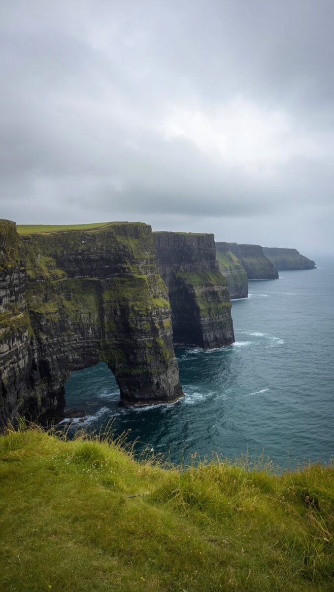 Dramatic Cliffs of Moher in Ireland with green grass tops, dark layered rock faces, natural sea arch, and Atlantic Ocean below under cloudy skies