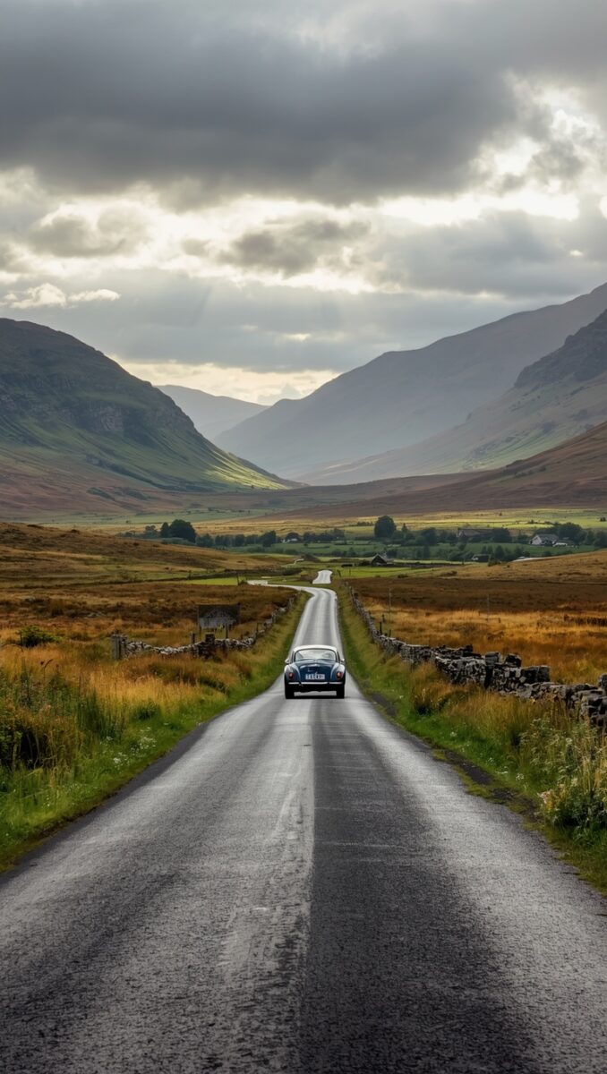 Classic blue car driving on a narrow wet road through Scottish Highlands valley with dramatic cloudy skies