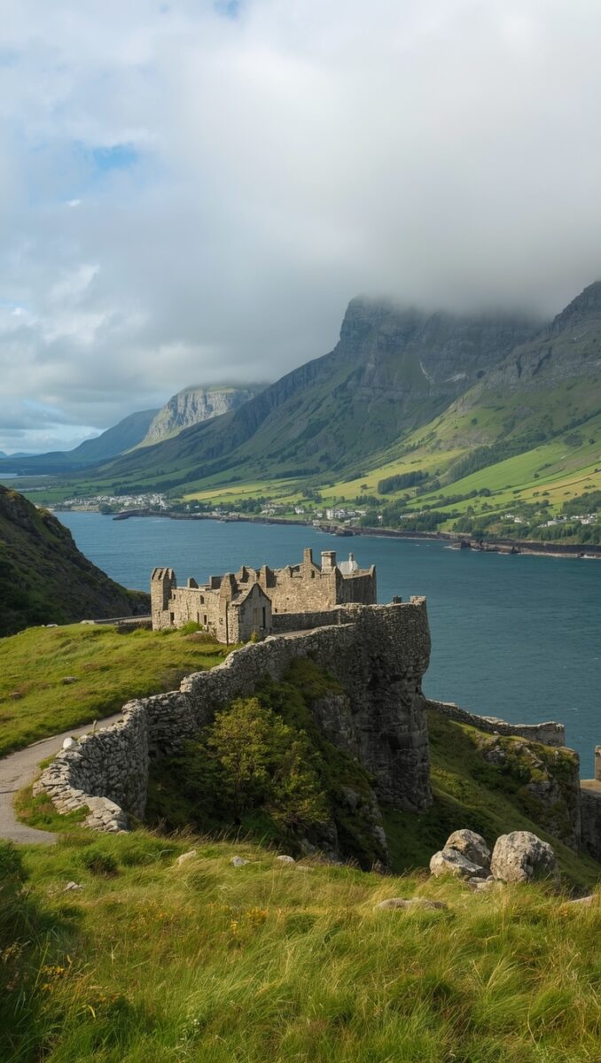 Ancient stone castle ruins on a hillside overlooking a blue loch with green mountains and cloudy skies in Scotland